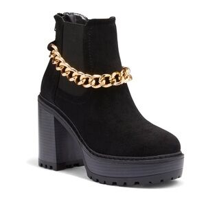 ✨ NY & Co Women's Black Suede Ankle Boots with Gold Chain ✨